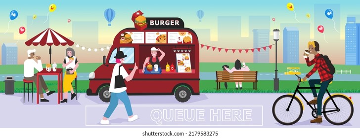 ilustración vector de la multitud de camiones de comida en el festival de verano del mercado nocturno. Paisajes del parque con gente de relajación con el restaurante del camión de comida para hamburguesas en la calle en el parque de la ciudad