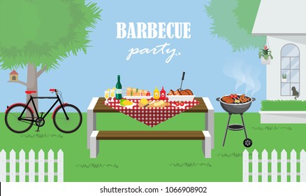 Illustration Vector Of Foods On Table At Barbecue Garden Party At Home, Grilled Meat,sausage,rib,sauce,corn,vegetable,beer Bottle, And Lemonade  