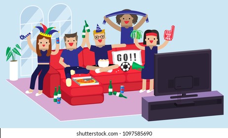Illustration vector of football fans cheering and watching match on tv at home together. Friend eating pizza and drinking beer at party