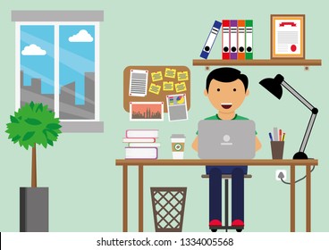 Illustration vector of freelancer boy room interior, modern home office design. Male freelance worker doing online job, young happy man earning as independent self-employed person, cozy workspace.