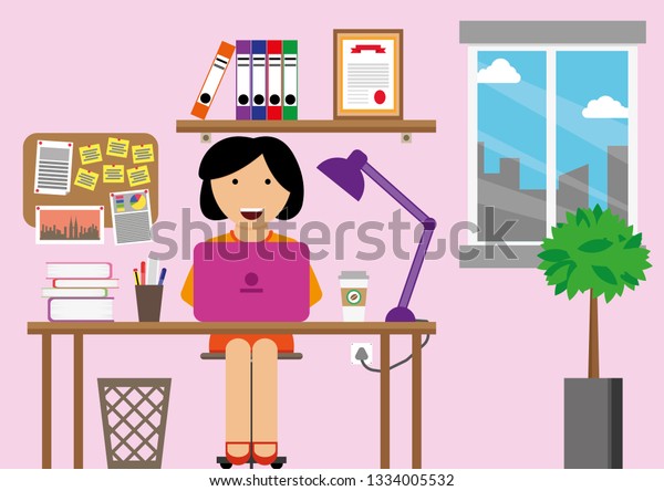 Illustration Vector Freelancer Girl Room Interior Stock