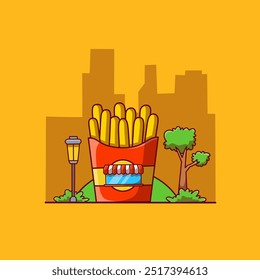 Vector de ilustración de la tienda de papas fritas. Patatas fritas de comida rápida. Icono de dibujos animados tienda de papas fritas francesas. Diseño plano de comida rápida. 