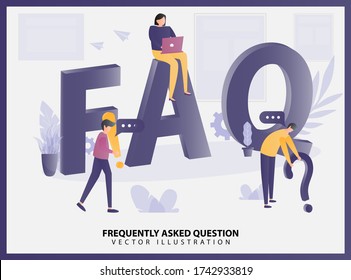 Illustration vector Frequently Asked Question concept with people work near a big FAQ symbol. people around question marks, perfect for web design, banner, mobile app, landing page, vector flat design
