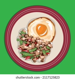illustration vector fried rice with basil and fried egg placed in a dish on a green background.