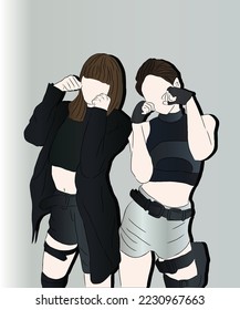 Illustration vector full color  of Kpop fashion stage. idols of Koreans performing. K-pop female fashion idol. Two girl in their performance outfit military girl concept 