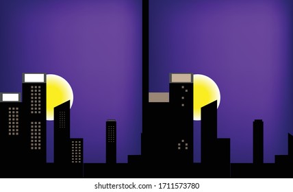 Ilustración vectorial de la noche luna llena de la ciudad de alta construcción entre el día normal y el período de toque de queda de la crisis COVID-19 con espacio para escribir frases