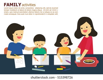 Illustration vector of fun family. Father mother daughter and son reading book and do homework together in their home.