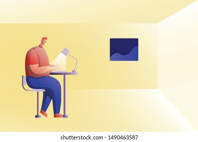 Illustration vector, funny cartoon character sitting, doing work, homework, writing, drawing, designing or study in a room, workspace, workstation, workplace or office.