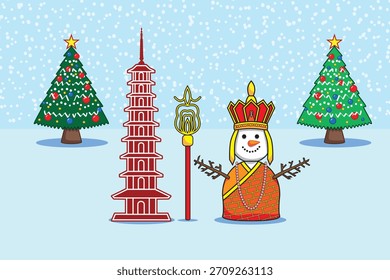 Vector divertido del traje del cosplay del muñeco de nieve en la ropa del monje chino con la pagoda roja y el árbol de navidad en el dibujo del diseño de la nieve que cae en colorido