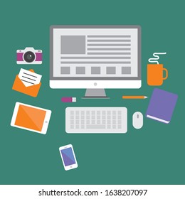 Illustration vector gadget and goods at office or work place like phone, smartphone, flashdisk, book, pen, camera and desktop.