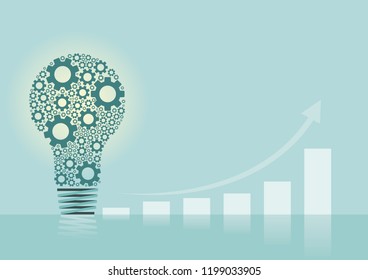 Illustration vector of gears shaped as light bulb, arrow and graph and it’s reflection with room for text or advertising. Business and finance concept