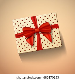 Illustration of Vector Gift Box with Red Ribbon. Realistic Vector Present in Gift Packaging. Greeting Card Template
