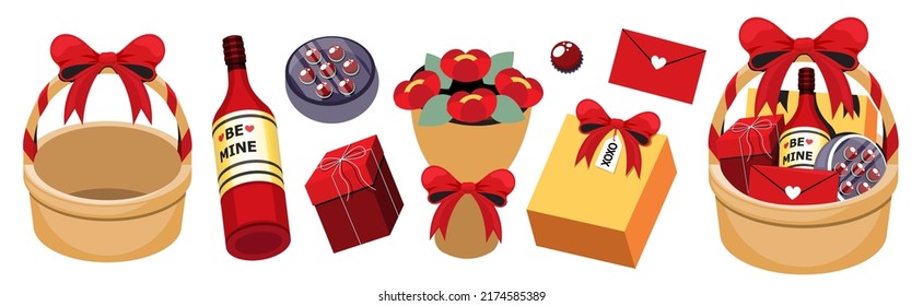 illustration vector gift of love in red ribbon basket. Full basket and empty basket