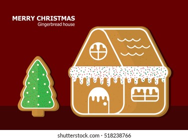 Illustration vector of gingerbread house and Christmas tree on Christmas theme.