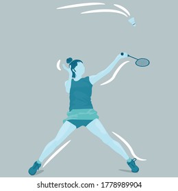Illustration vector of girl character playing badminton flaying to catch the shuttlecock