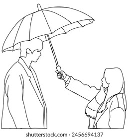 Illustration vector of a girl trying to protect her man from the heavy rain with an umbrella. Inspired by one of the famous Korean drama scenes.