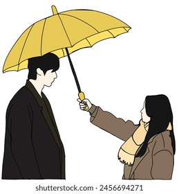 Illustration vector of a girl trying to protect her man from the heavy rain with an umbrella. Inspired by one of the famous Korean drama scenes.