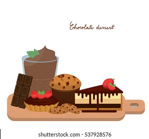 Illustration vector glass of chocolate smoothie and chocolate dessert on wooden cutting board.