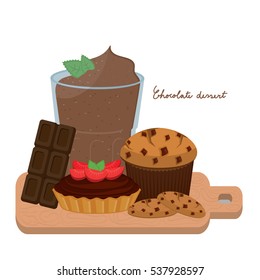 Illustration vector glass of chocolate smoothie and chocolate dessert on wooden cutting board.