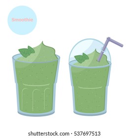 Illustration vector glass of green smoothie and plastic cup of vegetable smoothie take away.