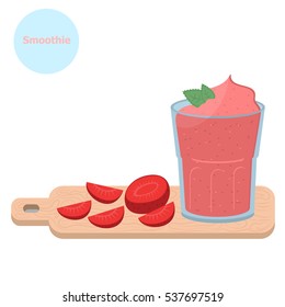 Illustration vector glass of strawberry smoothie and strawberry pieces.
