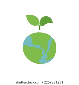 Illustration Vector Globe Earth Rounded Shaped Earth Day Go Green Icon with Leaves Isolated in White