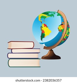 Illustration vector  Globe model and books on the desk for learning many things about the world. Education Object Concept.
