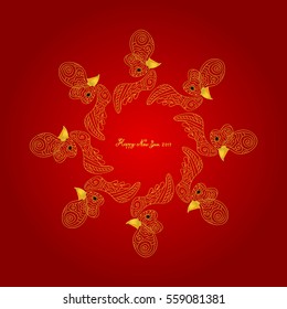 Illustration vector gold swirl rooster of Chinese Happy New Year card concept on red  background.