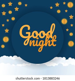 Illustration vector of good night card. hanging star and moon in night. starry night with blue background