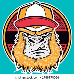Illustration vector gorilla with cat in skateboard design with background