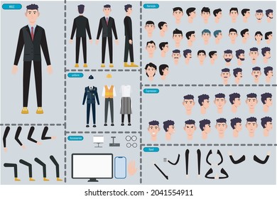 illustration vector grafhic of male character creation icon set with different kinds of expressions,clothes,hands,accessories,beard and hairstyles perfect for creating animated characters,advertisemen