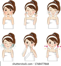 Illustration vector grafic short face cleansing tutorial is great for a woman