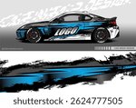 Illustration vector grahic of Car wrap decal with abstract design. Black blue white colour. Livery car editable. Mockup template sticker vinyl for racing, rally, or daily use.	
