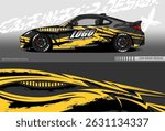 Illustration vector grahic of Car wrap decal with abstract design.Black, yellow colour. Livery car editable. Mockup template sticker vinyl for racing, drift, rally, or daily use