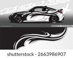 Illustration vector grahic of Car wrap decal with abstract design. Black white colour. Livery car editable. Mockup template sticker vinyl for racing, rally, or daily use.	