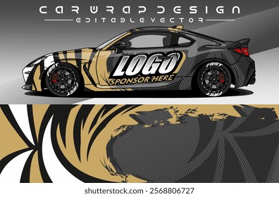 Illustration vector grahic of Car wrap decal with abstract design. Black gold colour. Livery car editable. Mockup template sticker vinyl for racing, rally, or daily use.