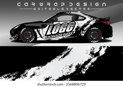 Illustration vector grahic of Car wrap decal with abstract design. Black white colour. Livery car editable. Mockup template sticker vinyl for racing, rally, or daily use.