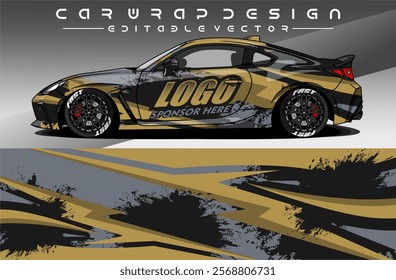 Illustration vector grahic of Car wrap decal with abstract design. Black gold colour. Livery car editable. Mockup template sticker vinyl for racing, rally, or daily use.