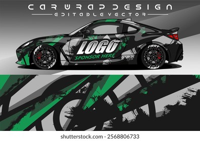 Illustration vector grahic of Car wrap decal with abstract design. Black green colour. Livery car editable. Mockup template sticker vinyl for racing, rally, or daily use.