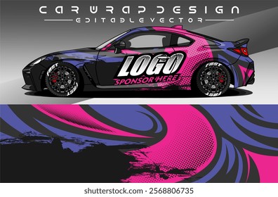 Illustration vector grahic of Car wrap decal with abstract design.Black pink purple colour. Livery car editable. Mockup template sticker vinyl for racing, rally, or daily use.