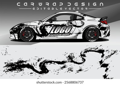 Illustration vector grahic of Car wrap decal with abstract design. Black white colour. Livery car editable. Mockup template sticker vinyl for racing, rally, or daily use.