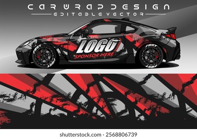 Illustration vector grahic of Car wrap decal with abstract design. Black ed colour. Livery car editable. Mockup template sticker vinyl for racing, rally, or daily use.