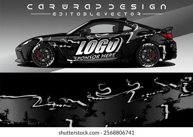 Illustration vector grahic of Car wrap decal with abstract design. Black white colour. Livery car editable. Mockup template sticker vinyl for racing, rally, or daily use.