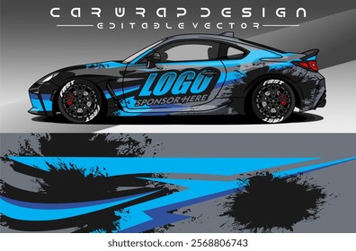 Illustration vector grahic of Car wrap decal with abstract design. Black blue colour. Livery car editable. Mockup template sticker vinyl for racing, rally, or daily use.