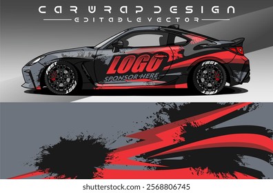 Illustration vector grahic of Car wrap decal with abstract design. Black ed colour. Livery car editable. Mockup template sticker vinyl for racing, rally, or daily use.