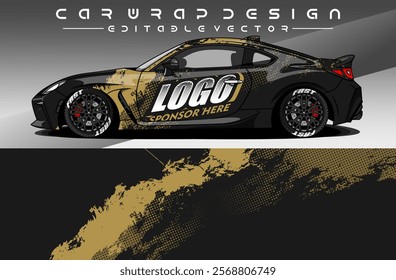 Illustration vector grahic of Car wrap decal with abstract design. Black gold colour. Livery car editable. Mockup template sticker vinyl for racing, rally, or daily use.