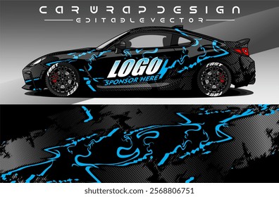 Illustration vector grahic of Car wrap decal with abstract design. Black blue colour. Livery car editable. Mockup template sticker vinyl for racing, rally, or daily use.