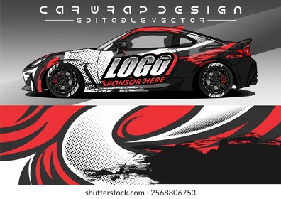 Illustration vector grahic of Car wrap decal with abstract design. Black ed colour. Livery car editable. Mockup template sticker vinyl for racing, rally, or daily use.