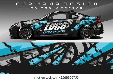 Illustration vector grahic of Car wrap decal with abstract design. Black blue colour. Livery car editable. Mockup template sticker vinyl for racing, rally, or daily use.