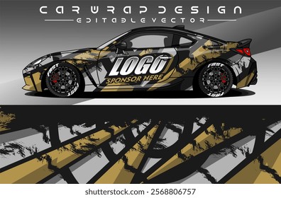 Illustration vector grahic of Car wrap decal with abstract design. Black gold colour. Livery car editable. Mockup template sticker vinyl for racing, rally, or daily use.